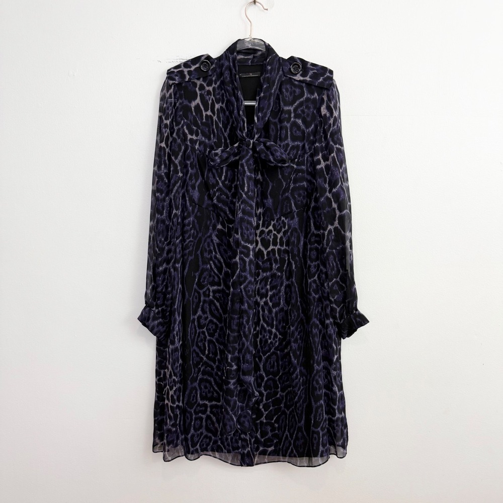 Carolina Herrera Silk Leopard Print Tie Neck Sheath Dress Purple Black Size‎ 14